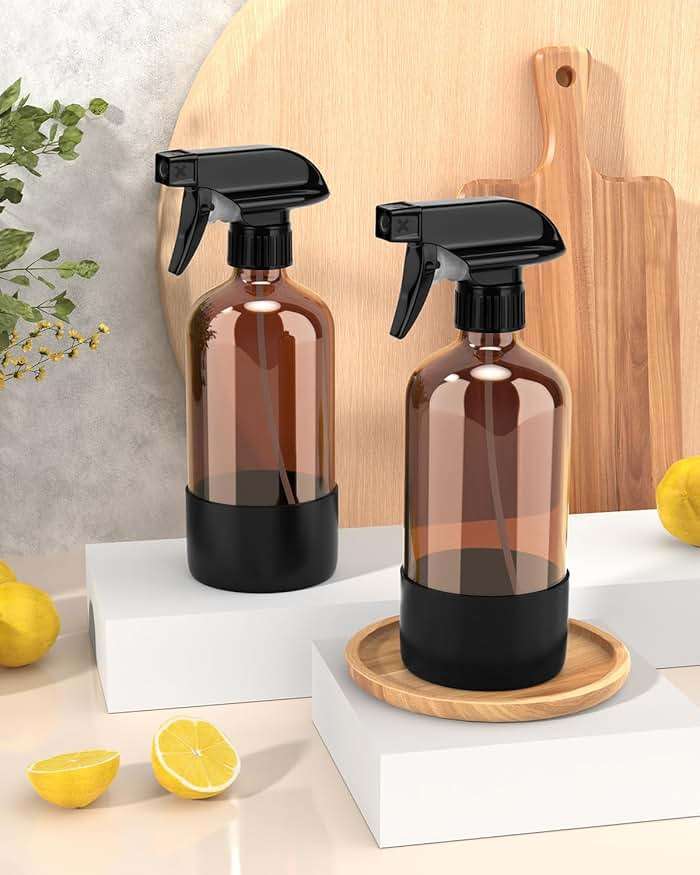 Bontip Glass Spray Bottle with Silicone Sleeve Protection, Amber Glass Spray Bottle Set for Window Cleaner Aromatherapy Facial Hydration Watering Flowers Hair Care 2 Pack/16 oz (Black) - Image 2