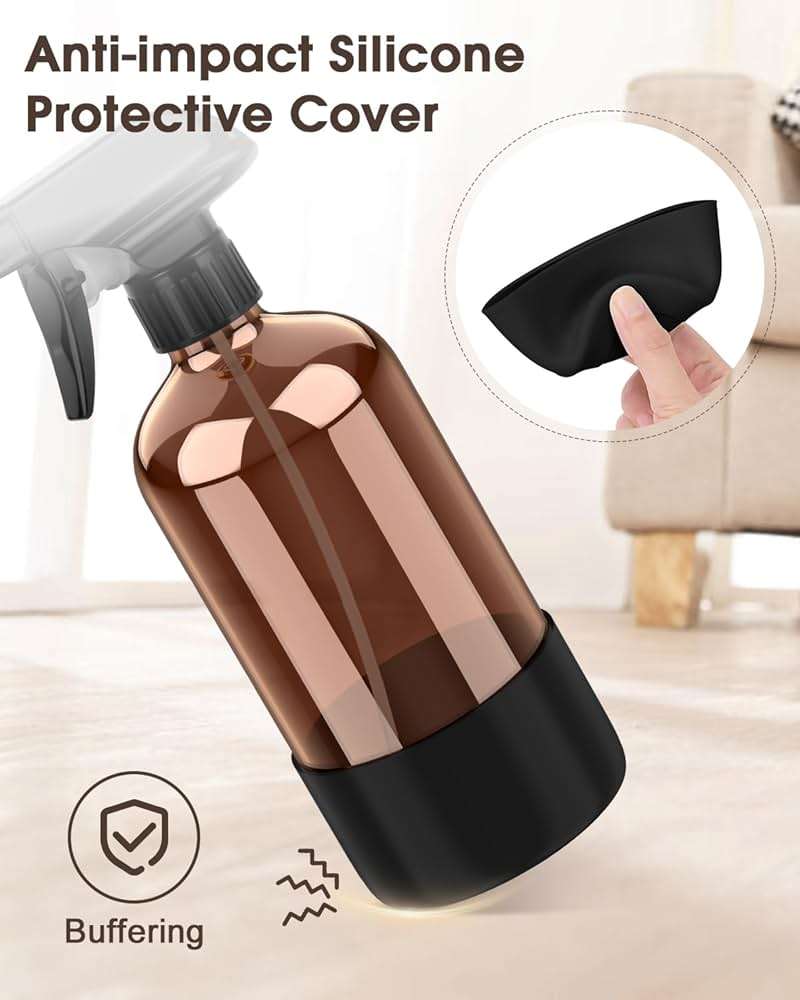 Bontip Glass Spray Bottle with Silicone Sleeve Protection, Amber Glass Spray Bottle Set for Window Cleaner Aromatherapy Facial Hydration Watering Flowers Hair Care 2 Pack/16 oz (Black) - Image 5
