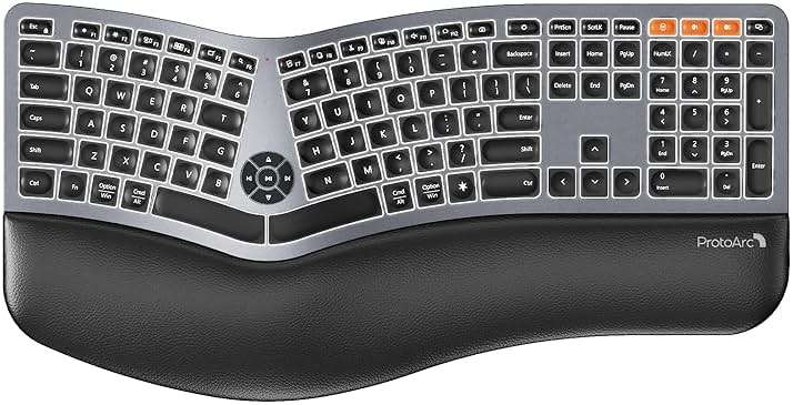 Backlit Bluetooth Ergonomic Keyboard, ProtoArc EK01 Plus Full Size Wireless Split Keyboard with Dual Bluetooth and USB, Cushioned Wrist Rest, Rechargeable for Windows/Mac/Android, Grey Black - Image 1