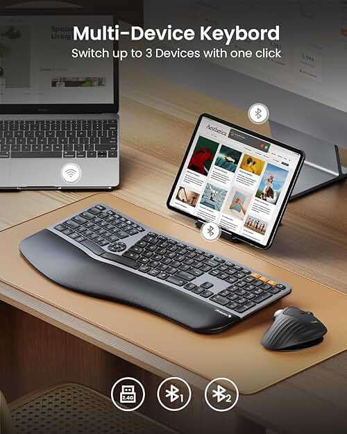 Backlit Bluetooth Ergonomic Keyboard, ProtoArc EK01 Plus Full Size Wireless Split Keyboard with Dual Bluetooth and USB, Cushioned Wrist Rest, Rechargeable for Windows/Mac/Android, Grey Black - Image 3