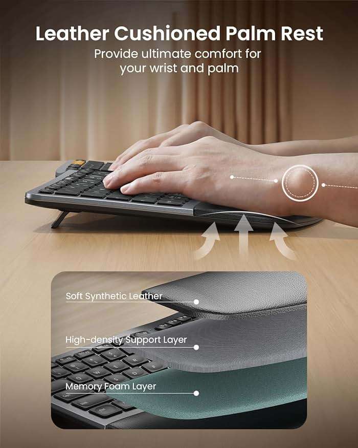 Backlit Bluetooth Ergonomic Keyboard, ProtoArc EK01 Plus Full Size Wireless Split Keyboard with Dual Bluetooth and USB, Cushioned Wrist Rest, Rechargeable for Windows/Mac/Android, Grey Black - Image 8