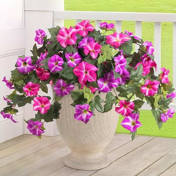 Artificial Fake Flowers Plants for Outdoor Decoration, 2PCS Faux Petunias Silk Flower UV Resistant No Fade Floral for Home Outside Garden Balcony Yard Porch Realistic Indoor Decor (Fuchsia Lotus) - Product Image