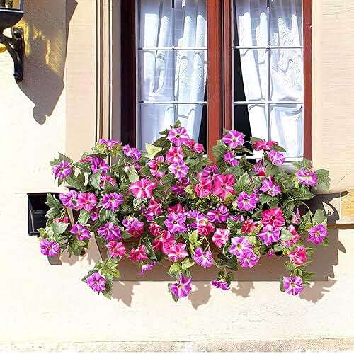 Artificial Fake Flowers Plants for Outdoor Decoration, 2PCS Faux Petunias Silk Flower UV Resistant No Fade Floral for Home Outside Garden Balcony Yard Porch Realistic Indoor Decor (Fuchsia Lotus) - Image 6
