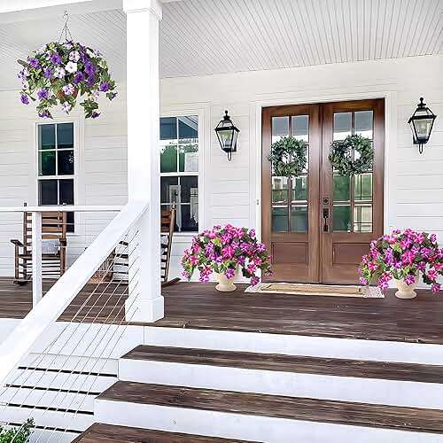 Artificial Fake Flowers Plants for Outdoor Decoration, 2PCS Faux Petunias Silk Flower UV Resistant No Fade Floral for Home Outside Garden Balcony Yard Porch Realistic Indoor Decor (Fuchsia Lotus) - Image 7