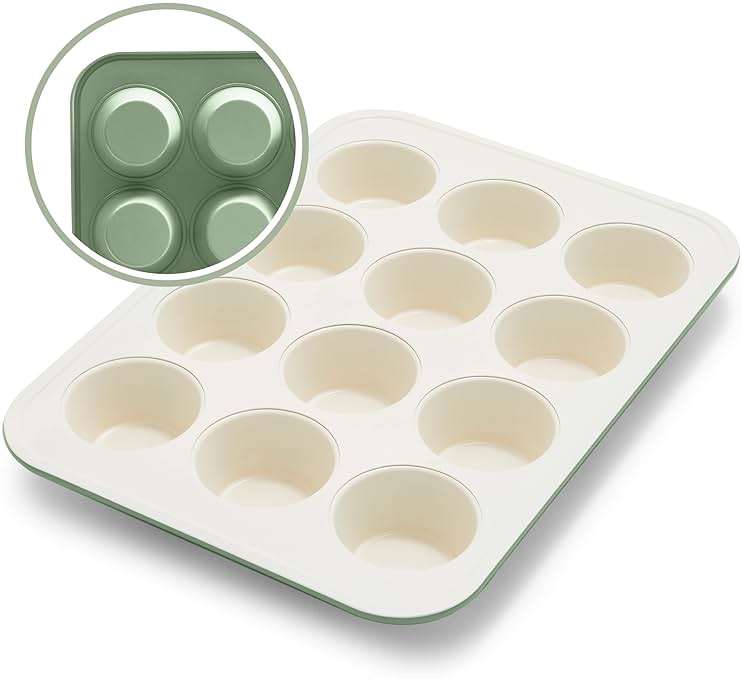 GreenLife 12-Cup Muffin Pan, PFAS-Free Healthy Nonstick Baking Tray, 11.4" x 1.9" x 15.9", Durable Ceramic Bakeware, Cupcakes, Egg Bites, Tarts, Brownies, Sage - Image 1