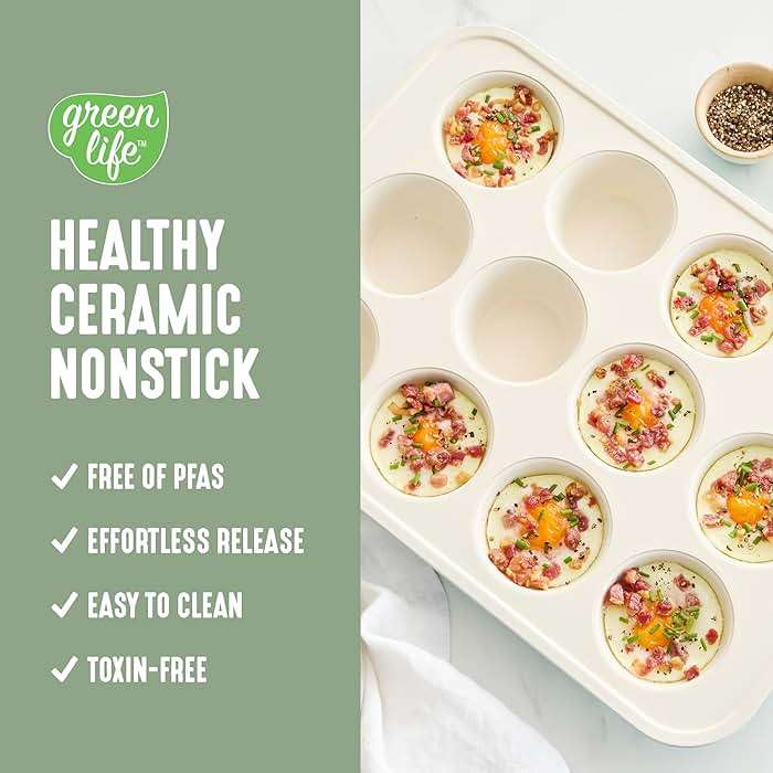 GreenLife 12-Cup Muffin Pan, PFAS-Free Healthy Nonstick Baking Tray, 11.4" x 1.9" x 15.9", Durable Ceramic Bakeware, Cupcakes, Egg Bites, Tarts, Brownies, Sage - Image 2