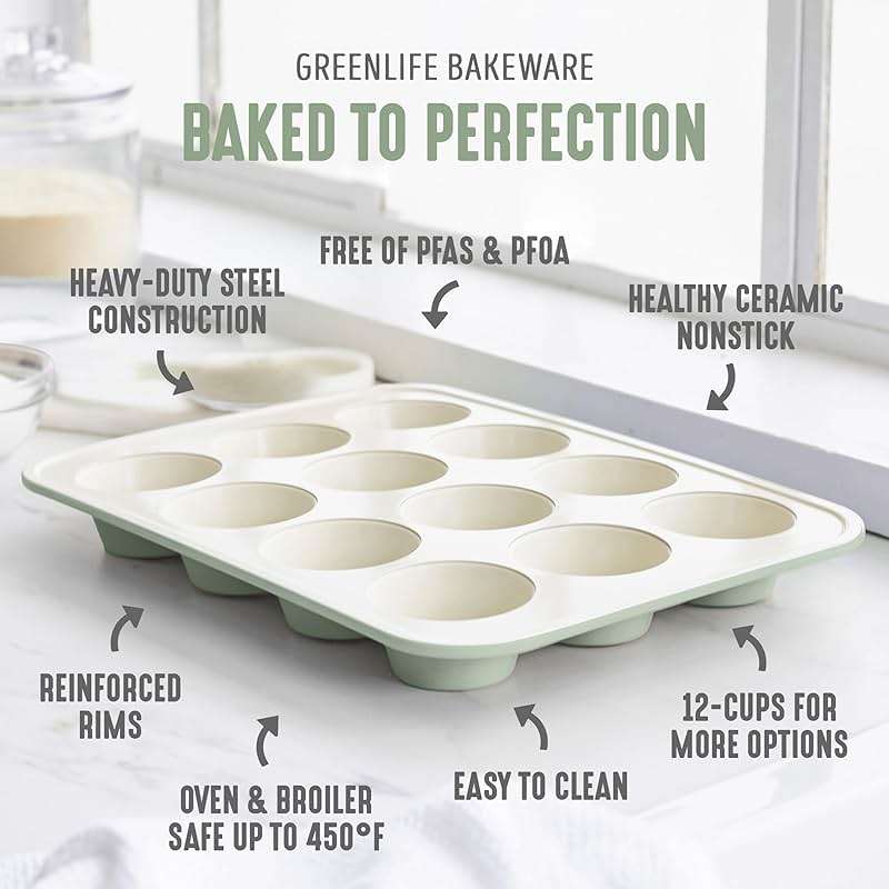 GreenLife 12-Cup Muffin Pan, PFAS-Free Healthy Nonstick Baking Tray, 11.4" x 1.9" x 15.9", Durable Ceramic Bakeware, Cupcakes, Egg Bites, Tarts, Brownies, Sage - Image 3