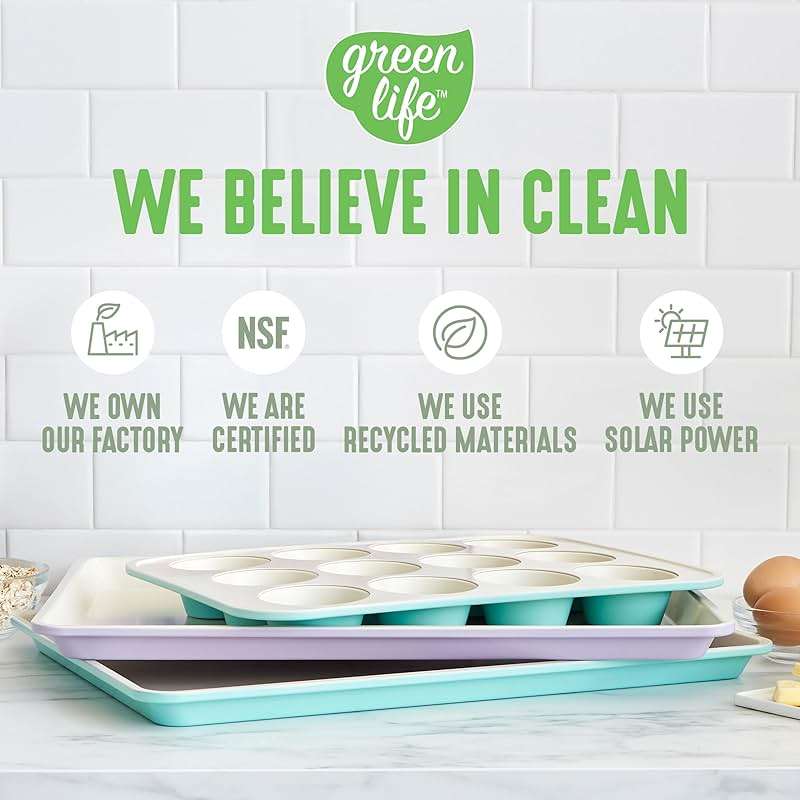GreenLife 12-Cup Muffin Pan, PFAS-Free Healthy Nonstick Baking Tray, 11.4" x 1.9" x 15.9", Durable Ceramic Bakeware, Cupcakes, Egg Bites, Tarts, Brownies, Sage - Image 7