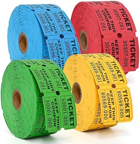 L LIKED 4000 Pairs Double Raffle Tickets - 4 Assorted Colors (Blue, Yellow, Red, Green), 1000 Tickets per Roll for Events, Fundraisers & Parties - Product Image