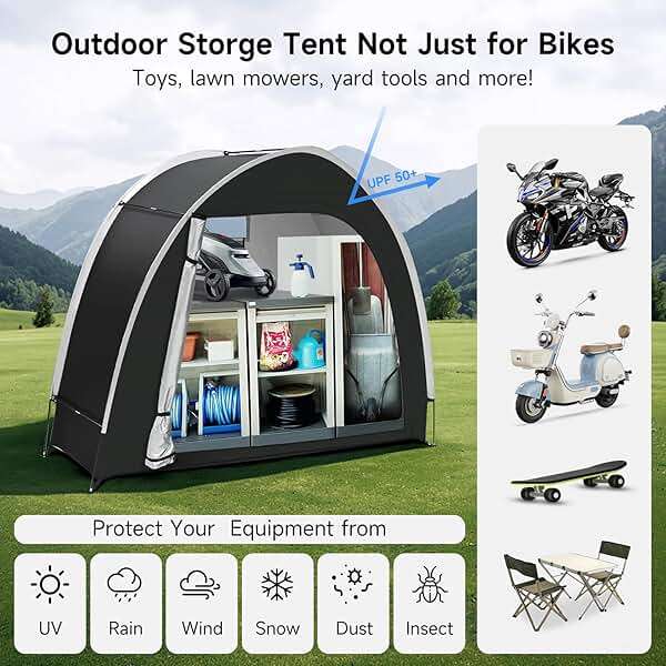 Bike Storage Tent for Outdoor, 2 Bike Capacity with Extra Top Space, PU5000 Waterproof 210D Oxford Fabric with Taped Seams, Portable Floor Storage Shed for Bicycle, Motorcycle & Garden Tools, etc - Image 4