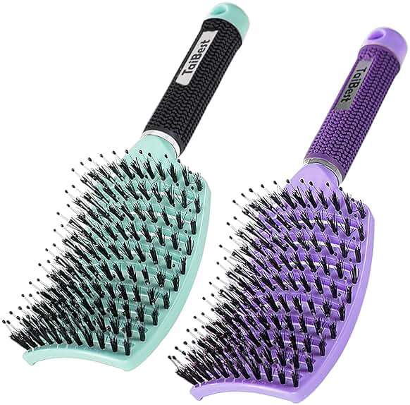 TaiBest Boar Bristle Hair Brush Set - Dry/Wet Detangler for Fine, Thick, Curly Hair - Curved and Vented Brush for Women, Men or Kids (Purple & Green) - Image 1