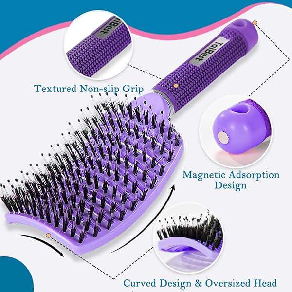 TaiBest Boar Bristle Hair Brush Set - Dry/Wet Detangler for Fine, Thick, Curly Hair - Curved and Vented Brush for Women, Men or Kids (Purple & Green) - Image 2