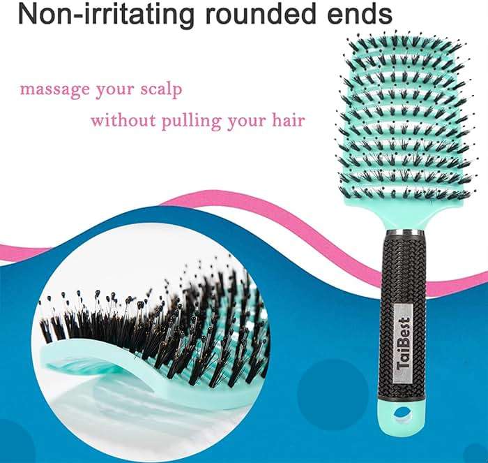 TaiBest Boar Bristle Hair Brush Set - Dry/Wet Detangler for Fine, Thick, Curly Hair - Curved and Vented Brush for Women, Men or Kids (Purple & Green) - Image 4