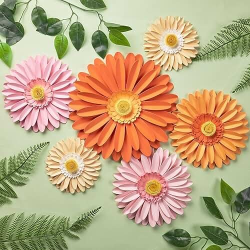 Daisy Paper Flowers Wall Decor 3D Orange Pink Large Flowers Bulletin Board Decoration Spring Garden Groovy Birthday Decorations for Women Girls Baby Shower Classroom Office Boho Nursery Wall Decor - Product Image
