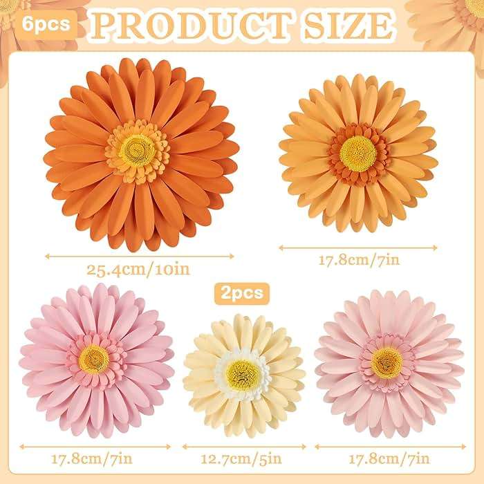 Daisy Paper Flowers Wall Decor 3D Orange Pink Large Flowers Bulletin Board Decoration Spring Garden Groovy Birthday Decorations for Women Girls Baby Shower Classroom Office Boho Nursery Wall Decor - Image 2