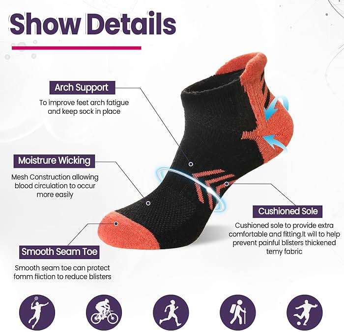 Velice Merino Wool Ankle Hiking Running Socks for Women Compression Thick Athletic Cushion Breathable No Show Socks 6 Pairs - Image 4