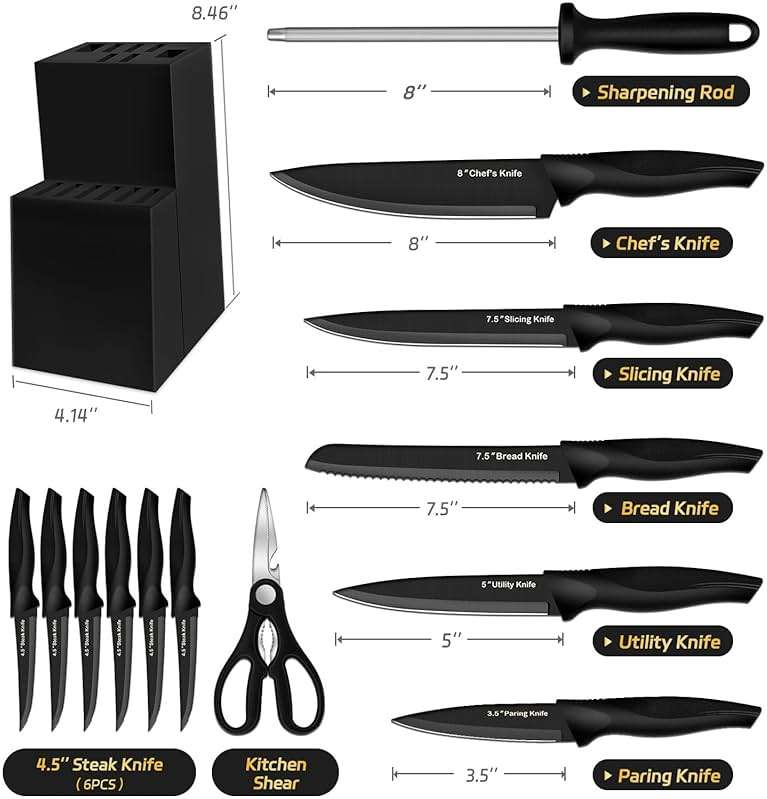 XANAPON Knife Set, 14 Pieces Kitchen Knife Set, High Carbon German Stainless Steel, Dishwasher Safe Cutlery with Sharpener, Black - Image 3