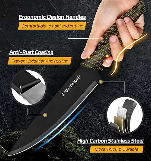 XANAPON Knife Set, 14 Pieces Kitchen Knife Set, High Carbon German Stainless Steel, Dishwasher Safe Cutlery with Sharpener, Black - Image 4