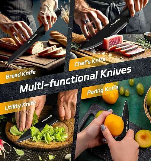 XANAPON Knife Set, 14 Pieces Kitchen Knife Set, High Carbon German Stainless Steel, Dishwasher Safe Cutlery with Sharpener, Black - Image 5