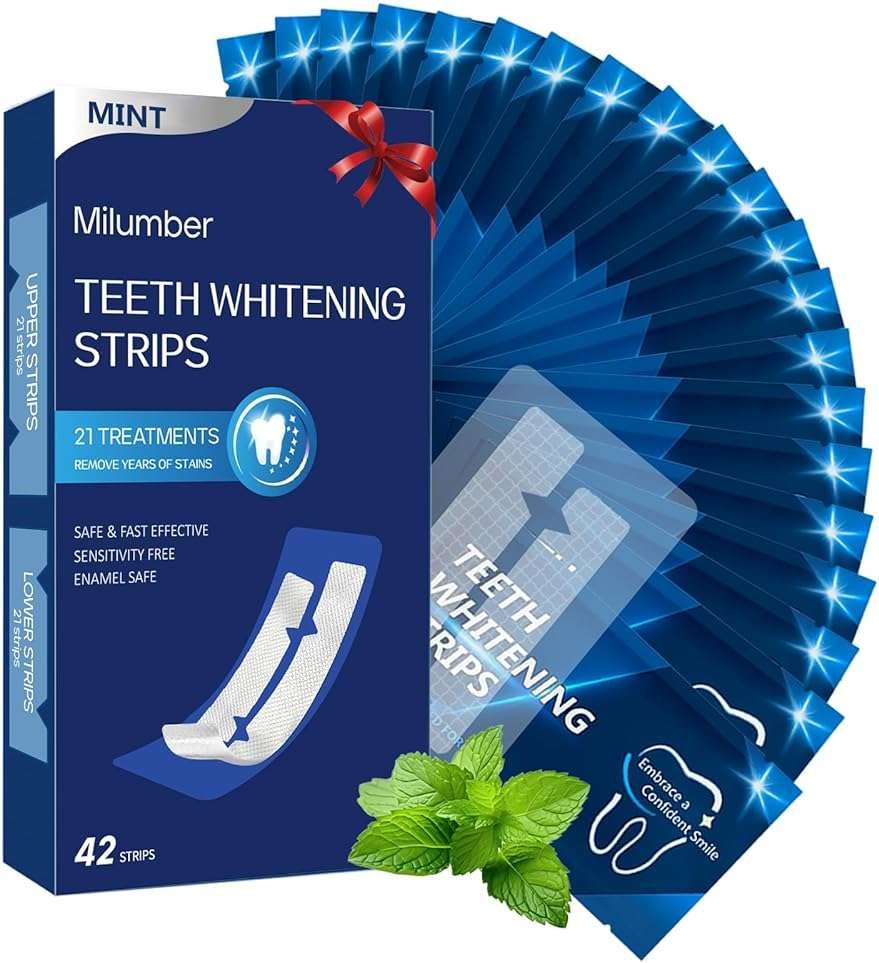Milumber Teeth Whitening Strips for Sensitive, 42 Strips Whitener Safe Whitestrip, Deep Stains Removal Tooth Whitening, Enamel Safe Non-Slip Dry Strip Technology for Whiter Teeth, Mint - Image 1