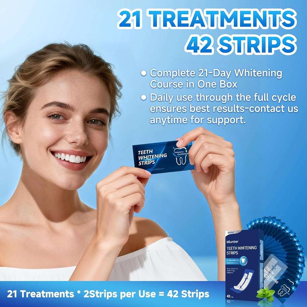 Milumber Teeth Whitening Strips for Sensitive, 42 Strips Whitener Safe Whitestrip, Deep Stains Removal Tooth Whitening, Enamel Safe Non-Slip Dry Strip Technology for Whiter Teeth, Mint - Image 8