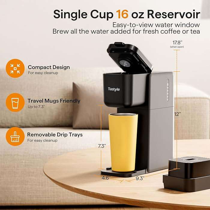 Tastyle Single Serve Coffee Maker for K Cup, Ground and Tea Leaves, Hot and Iced Coffee Machines with Bold Setting, 6 to 16 Oz Brew Sizes, Compact for Small Spaces, Black (2.0 Version) - Image 6
