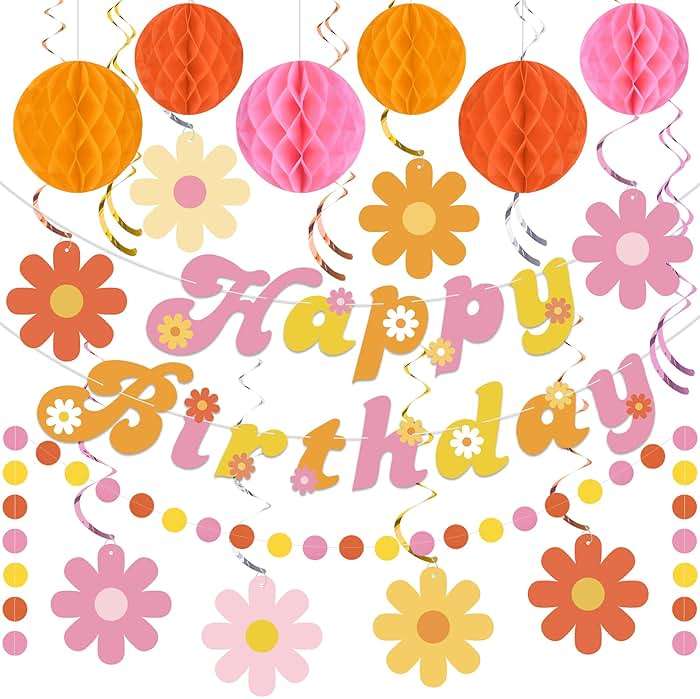 Daisy Groovy Party Decoration Boho Happy Birthday Banner Hanging Swirls and Honeycomb Ball Daisy Flower Paper Hanging Streamers for Boho Hippie Retro Birthday Party Supplies - Image 1