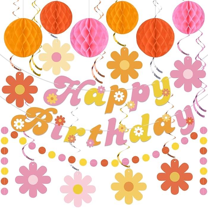 Daisy Groovy Party Decoration Boho Happy Birthday Banner Hanging Swirls and Honeycomb Ball Daisy Flower Paper Hanging Streamers for Boho Hippie Retro Birthday Party Supplies - Product Image
