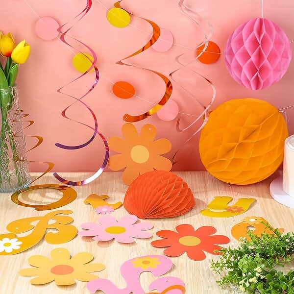 Daisy Groovy Party Decoration Boho Happy Birthday Banner Hanging Swirls and Honeycomb Ball Daisy Flower Paper Hanging Streamers for Boho Hippie Retro Birthday Party Supplies - Image 2