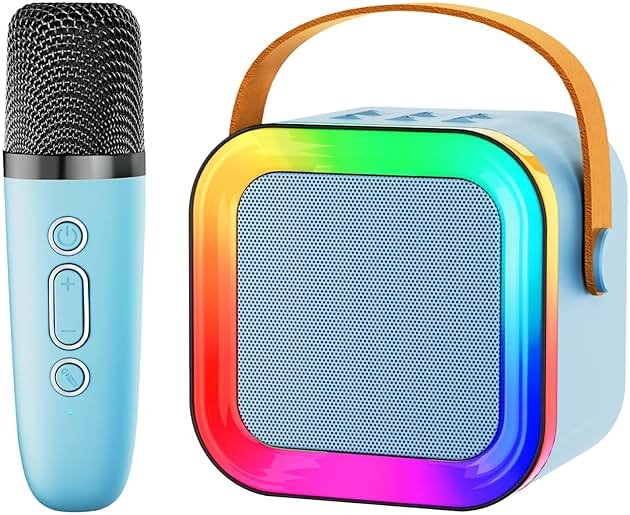 Mini Karaoke Machine Speaker for Kids Adults,Portable Bluetooth with 1-2 Wireless Microphones,Christmas Birthday Gifts Toys Girls Boys Ages 4, 5, 6,7, 8,9,10,11,12+ Years Old Toddler (Blue - 1 Mic) - Product Image