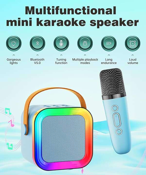 Mini Karaoke Machine Speaker for Kids Adults,Portable Bluetooth with 1-2 Wireless Microphones,Christmas Birthday Gifts Toys Girls Boys Ages 4, 5, 6,7, 8,9,10,11,12+ Years Old Toddler (Blue - 1 Mic) - Image 2