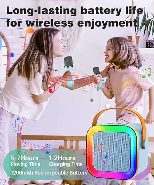 Mini Karaoke Machine Speaker for Kids Adults,Portable Bluetooth with 1-2 Wireless Microphones,Christmas Birthday Gifts Toys Girls Boys Ages 4, 5, 6,7, 8,9,10,11,12+ Years Old Toddler (Blue - 1 Mic) - Image 5