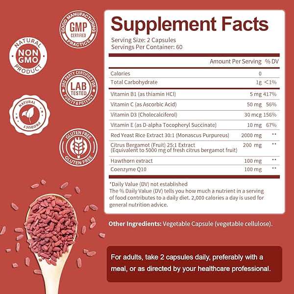 Totaria Red Yeast Rice 2,000mg with CoQ10 Supplement - Advanced Healthy Heart & Healthy Cholesterol Levels - Citrinin Free Extract Red Yeast Rice Capsules Plus Citrus Bergamot - Vegan, Non-GMO - Image 4
