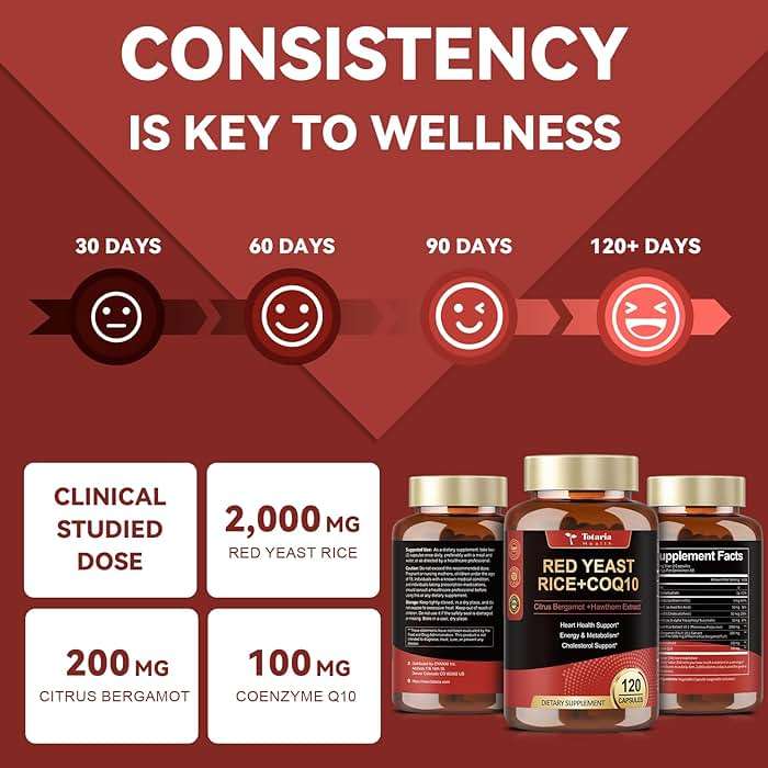 Totaria Red Yeast Rice 2,000mg with CoQ10 Supplement - Advanced Healthy Heart & Healthy Cholesterol Levels - Citrinin Free Extract Red Yeast Rice Capsules Plus Citrus Bergamot - Vegan, Non-GMO - Image 7