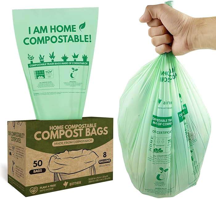 AIRNEX Compostable Kitchen Trash Bags 8 Gal - Cornstrarch Leakproof & Tear Resistant 50 Compost Bags - OK Compost Home & Seedling Certified 0.22 mm Kitchen Garbage Bags - Image 1