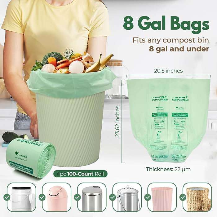 AIRNEX Compostable Kitchen Trash Bags 8 Gal - Cornstrarch Leakproof & Tear Resistant 50 Compost Bags - OK Compost Home & Seedling Certified 0.22 mm Kitchen Garbage Bags - Image 2