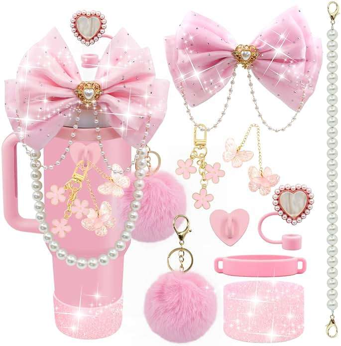 LBU Bling Stanley Cup Accessories for 40/30/20 oz Tumbler with Handle Including Glitter Bow Straw Topper, Heart Straw Cover, Pearl Water Bottle Handle Strap, Boot, Pom-Pom, Keychain Charms(Pink) - Image 1