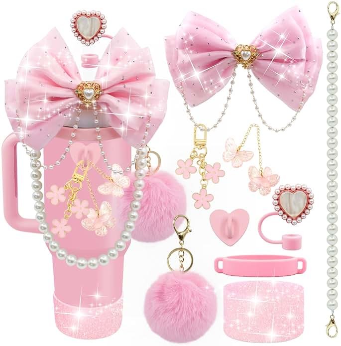 LBU Bling Stanley Cup Accessories for 40/30/20 oz Tumbler with Handle Including Glitter Bow Straw Topper, Heart Straw Cover, Pearl Water Bottle Handle Strap, Boot, Pom-Pom, Keychain Charms(Pink) - Product Image