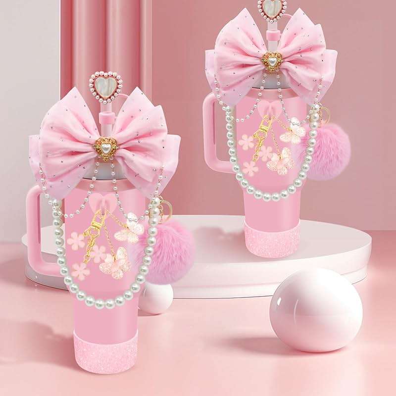 LBU Bling Stanley Cup Accessories for 40/30/20 oz Tumbler with Handle Including Glitter Bow Straw Topper, Heart Straw Cover, Pearl Water Bottle Handle Strap, Boot, Pom-Pom, Keychain Charms(Pink) - Image 2