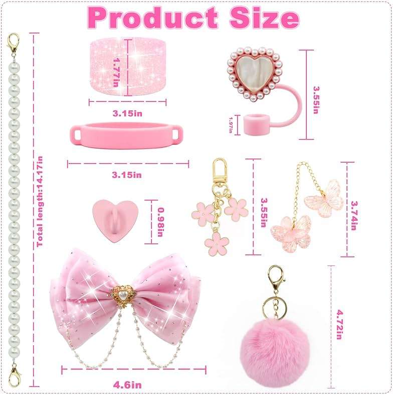 LBU Bling Stanley Cup Accessories for 40/30/20 oz Tumbler with Handle Including Glitter Bow Straw Topper, Heart Straw Cover, Pearl Water Bottle Handle Strap, Boot, Pom-Pom, Keychain Charms(Pink) - Image 3