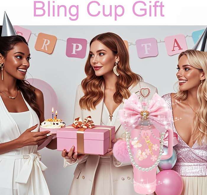LBU Bling Stanley Cup Accessories for 40/30/20 oz Tumbler with Handle Including Glitter Bow Straw Topper, Heart Straw Cover, Pearl Water Bottle Handle Strap, Boot, Pom-Pom, Keychain Charms(Pink) - Image 4