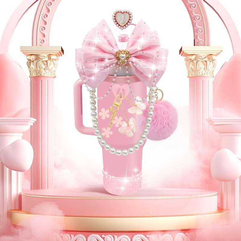 LBU Bling Stanley Cup Accessories for 40/30/20 oz Tumbler with Handle Including Glitter Bow Straw Topper, Heart Straw Cover, Pearl Water Bottle Handle Strap, Boot, Pom-Pom, Keychain Charms(Pink) - Image 8