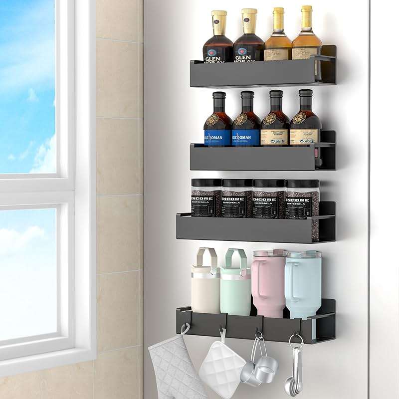 HuggieGems 4 Pack Magnetic Spice Rack Organizer for Refrigerator and Oven, Black Fridge Organizers and Storage for Kitchen - Image 1