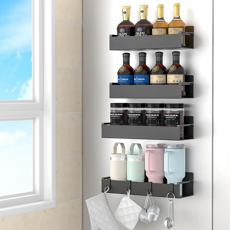HuggieGems 4 Pack Magnetic Spice Rack Organizer for Refrigerator and Oven, Black Fridge Organizers and Storage for Kitchen - Product Image