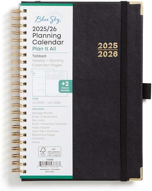 Blue Sky 2025-2026 Weekly and Monthly Academic Year Planner Calendar, July 2025 - June 2026, 5" x 8", Faux Leather Cover, Wirebound, Storage Pocket, Laminated Tabs, Black - Image 1