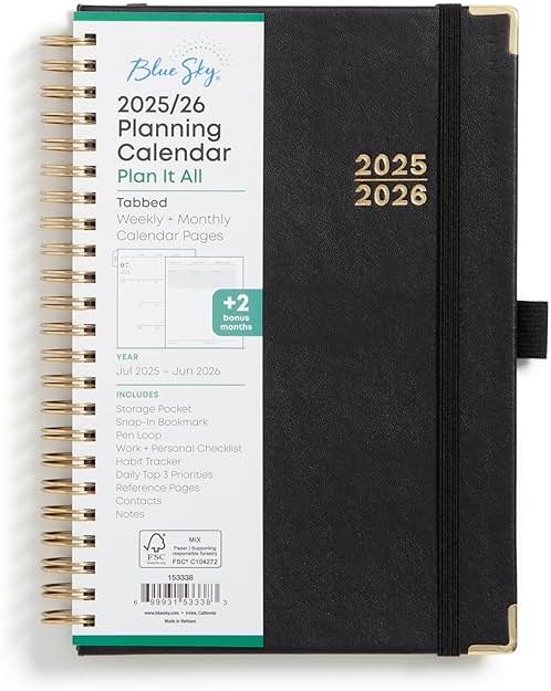 Blue Sky 2025-2026 Weekly and Monthly Academic Year Planner Calendar, July 2025 - June 2026, 5" x 8", Faux Leather Cover, Wirebound, Storage Pocket, Laminated Tabs, Black - Product Image