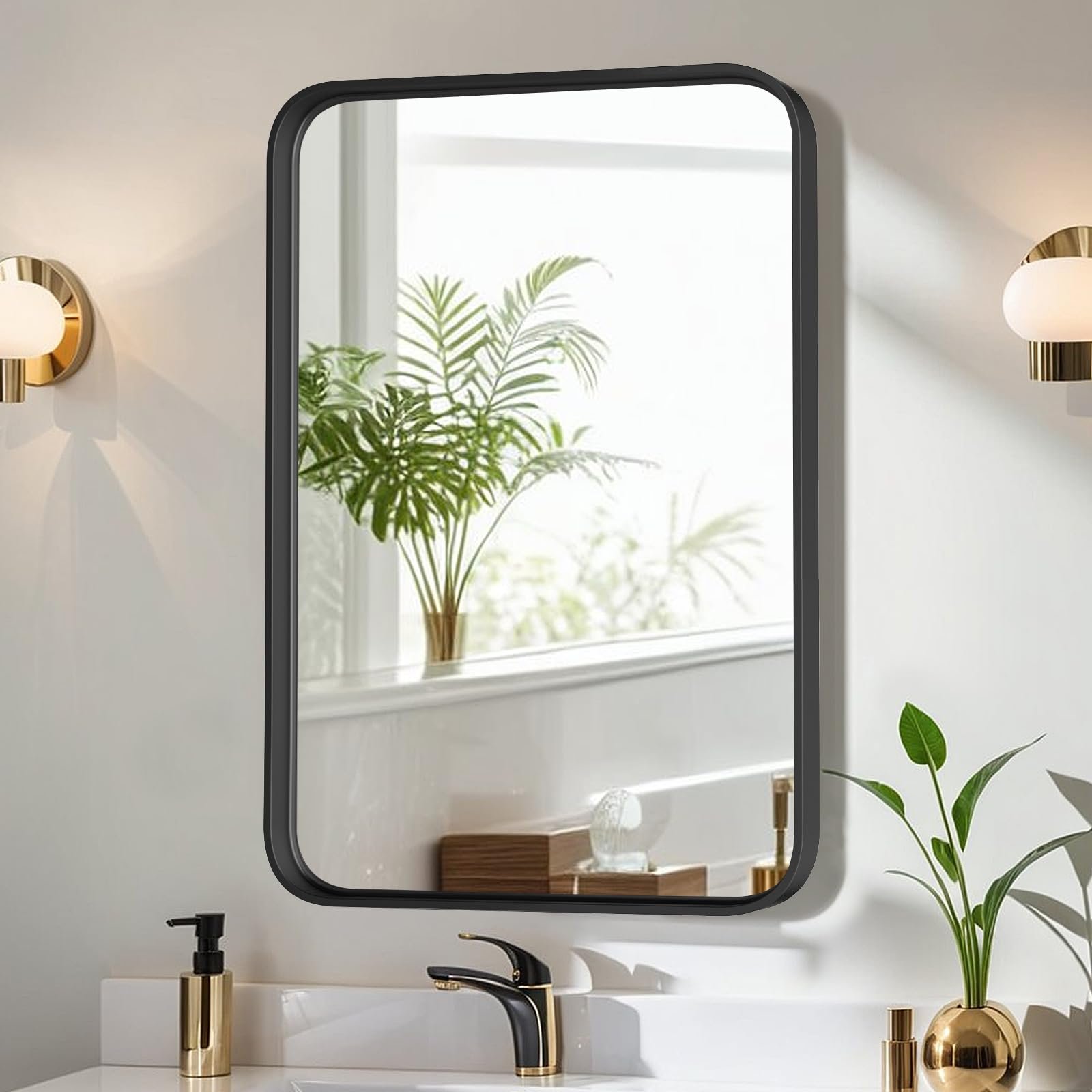 Bathroom Mirror for Wall, 30x22 Inch Rounded Rectangle Mirror, Black Metal Framed Bathroom Vanity Mirror for Restroom Farmhouse, Anti-Rust, Tempered Glass, Horizontally or Vertically Hanging - Product Image