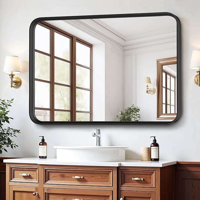 Bathroom Mirror for Wall, 30x22 Inch Rounded Rectangle Mirror, Black Metal Framed Bathroom Vanity Mirror for Restroom Farmhouse, Anti-Rust, Tempered Glass, Horizontally or Vertically Hanging - Image 3