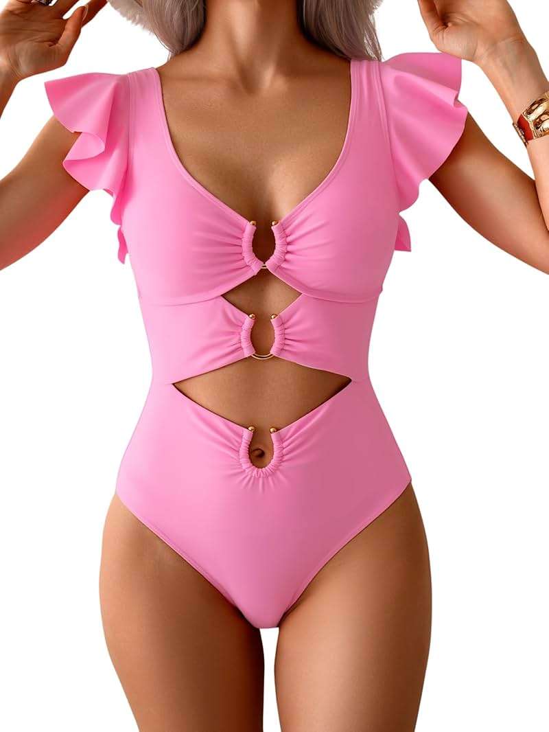 B2prity Women One Piece Swimsuit Tummy Control Ruffle Sleeve V Neck Bathing Suit Cutout Sexy High Waisted Monokini - Image 1