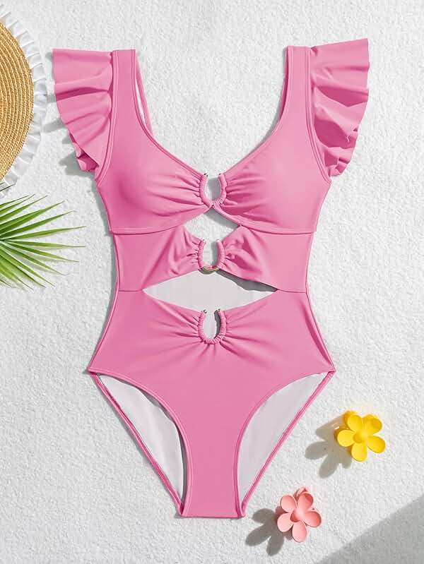 B2prity Women One Piece Swimsuit Tummy Control Ruffle Sleeve V Neck Bathing Suit Cutout Sexy High Waisted Monokini - Image 5